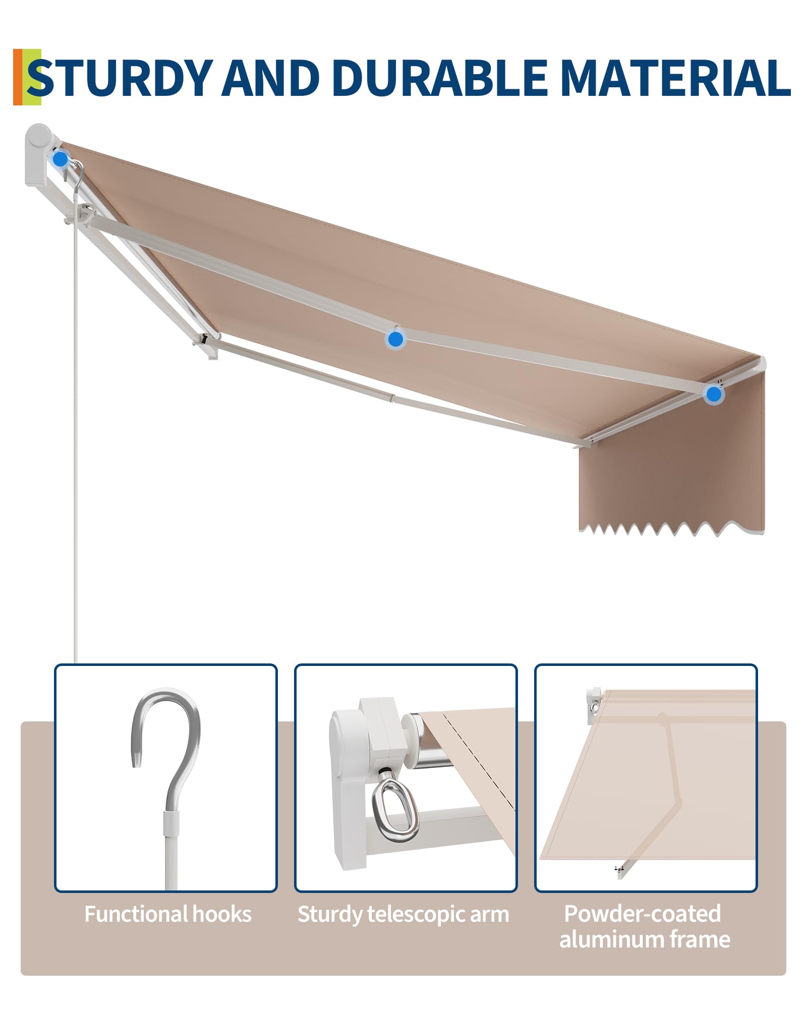 Store manuel Garvee 3 x 2,4 m, imperméable, protection UV, structure en aluminium, beige, pour terrasse et balcon