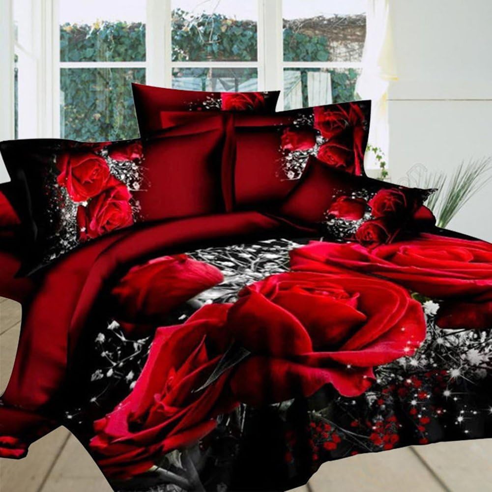 Parure de lit 4 pièces Garvee avec motif floral 3D de grandes roses rouges, idéale pour une chambre nuptiale : housse de couette, drap-housse et taies d’oreiller, rouge.