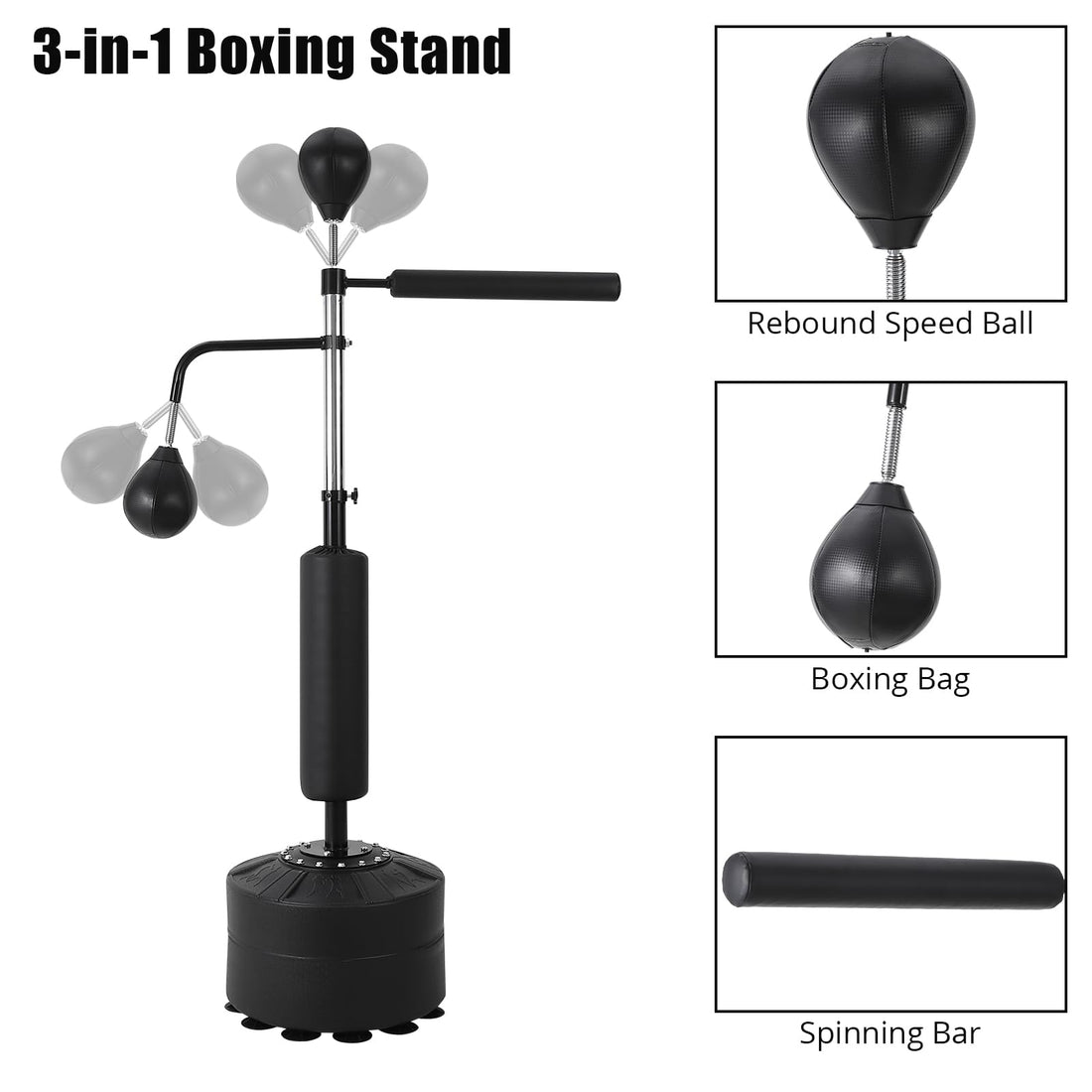 Sac de frappe autoportant Garvee 3-en-1 avec 2 balles de vitesse, rotation à 360°, hauteur réglable pour l'entraînement de kickboxing, matériau PU, noir