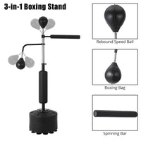 Sac de frappe autoportant Garvee 3-en-1 avec 2 balles de vitesse, rotation à 360°, hauteur réglable pour l'entraînement de kickboxing, matériau PU, noir