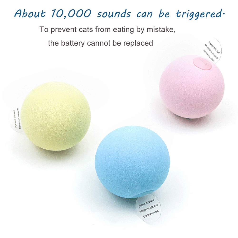 GARVEE Ensemble de 3 jouets pour chat, 50 mm, balles interactives avec sons d'animaux, silicone EVA, jaune, bleu, rose