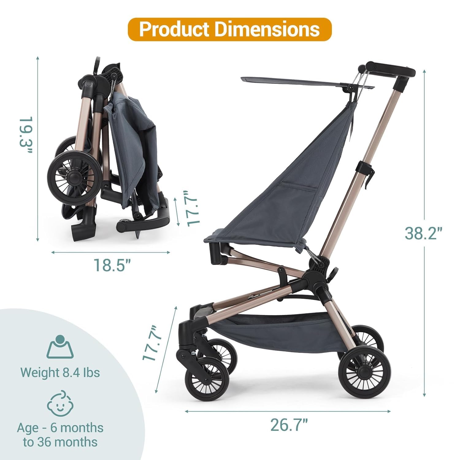 Poussette de voyage légère Garvee – Homologuée pour le transport aérien, pliable, protection UV, 3,8 kg, cadre en aluminium, roues pivotantes à 360°