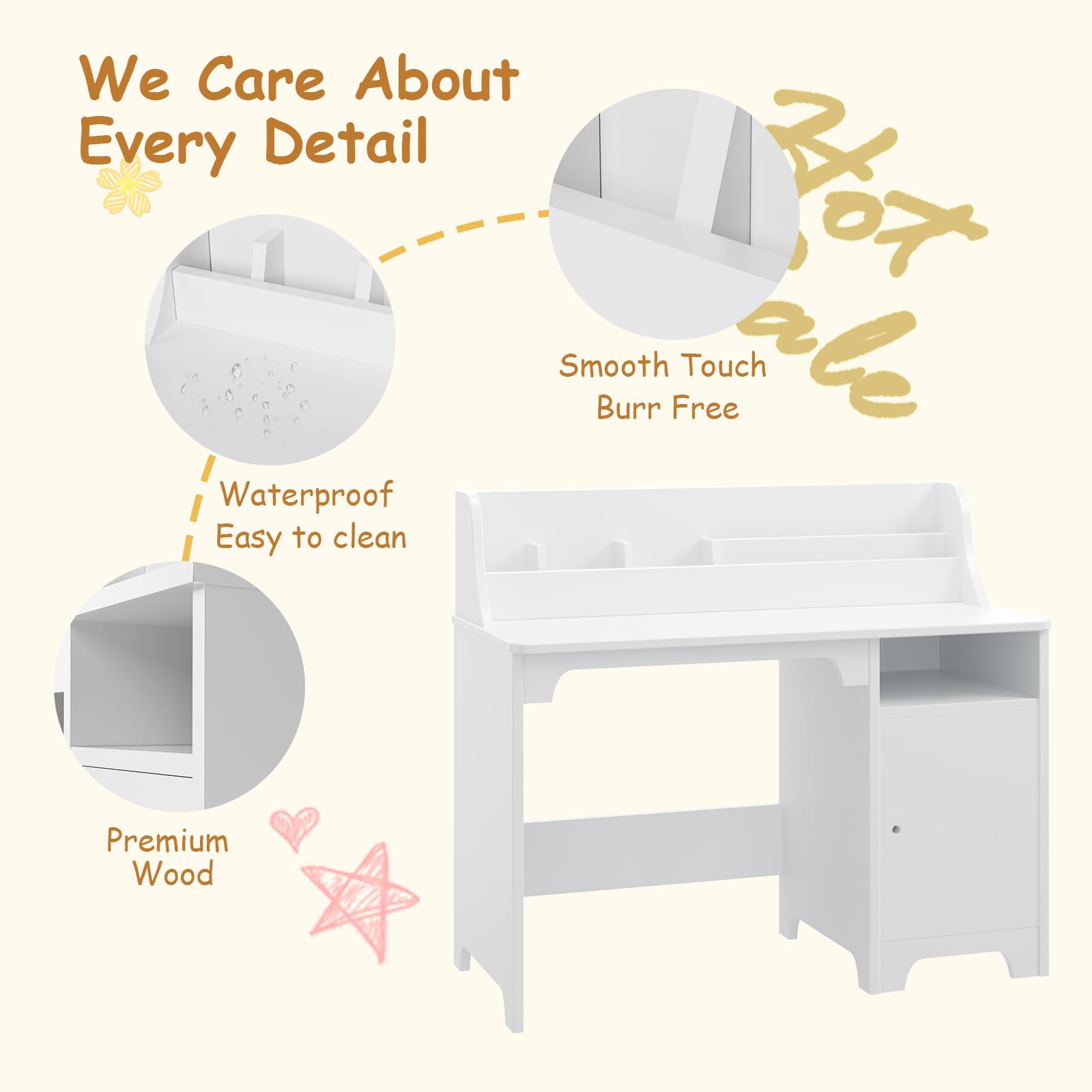 Bureau enfant Garvee blanc avec chaise, en bois, avec rangement et design ergonomique, idéal pour les chambres d'enfants de 3 à 8 ans.