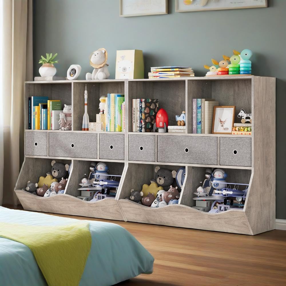 Grand meuble de rangement pour jouets Garvee à 7 compartiments et 3 tiroirs, idéal pour la salle de jeux et le couloir, gris, 93 cm (L) x 39 cm (l) x 93 cm (H)
