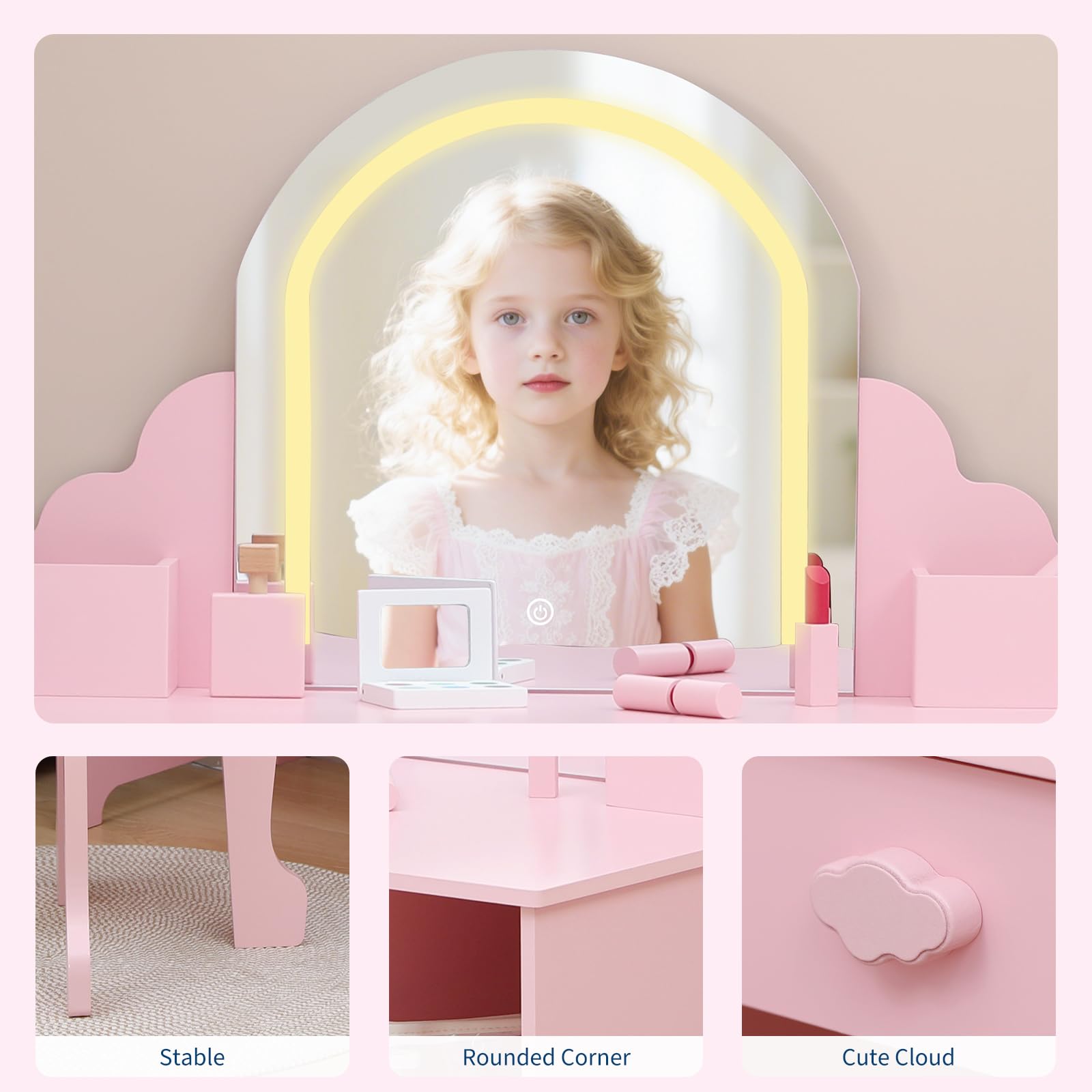 Garvee Coiffeuse Enfant Rose avec Miroir Lumineux, Tabouret, Tiroir et Étagères, MDF Sûr, LED Réglable, 100,33 × 80,01 × 40,13 cm