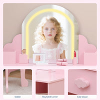 Garvee Coiffeuse Enfant Rose avec Miroir Lumineux, Tabouret, Tiroir et Étagères, MDF Sûr, LED Réglable, 100,33 × 80,01 × 40,13 cm