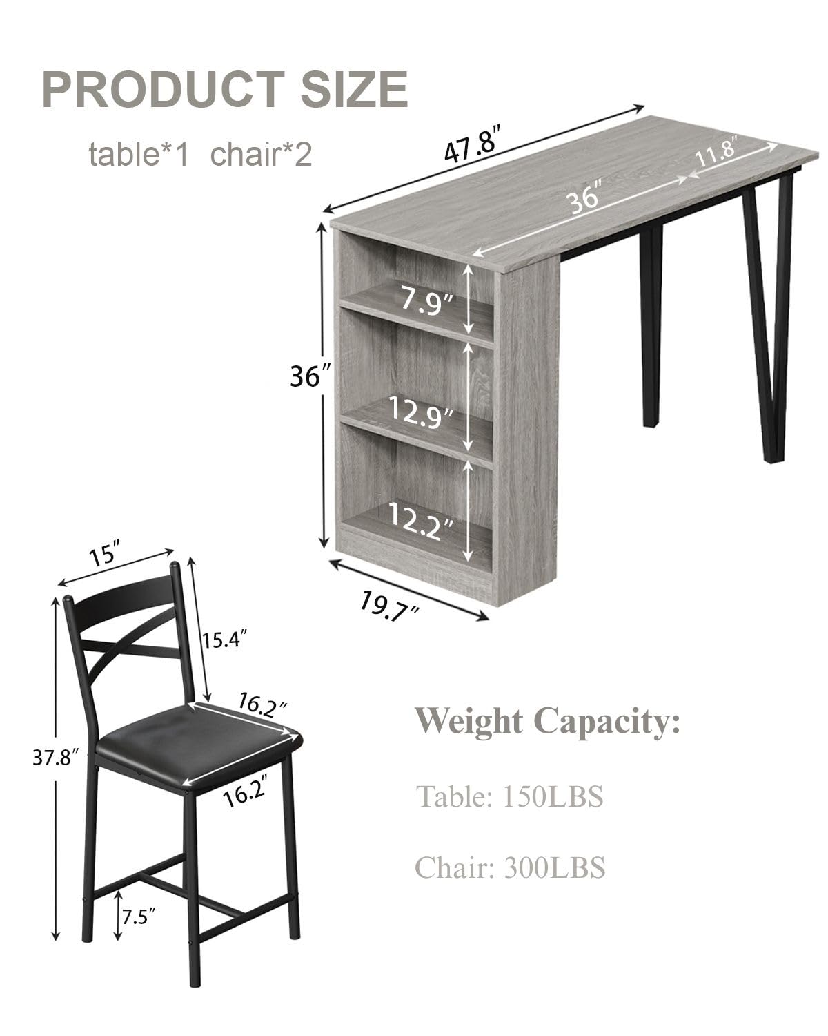 Ensemble table de bar extensible Garvee pour 2 à 4 personnes avec coussins de 40 cm de large, structure robuste en MDF, espace de rangement, gris, idéal pour les petits appartements