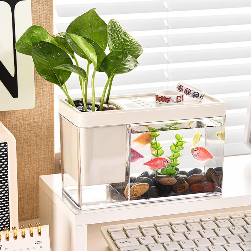 Kit de démarrage pour aquarium Garvee, petit aquarium avec trous d'aération, couleur crème, idéal pour bureau, salon ou appartement.