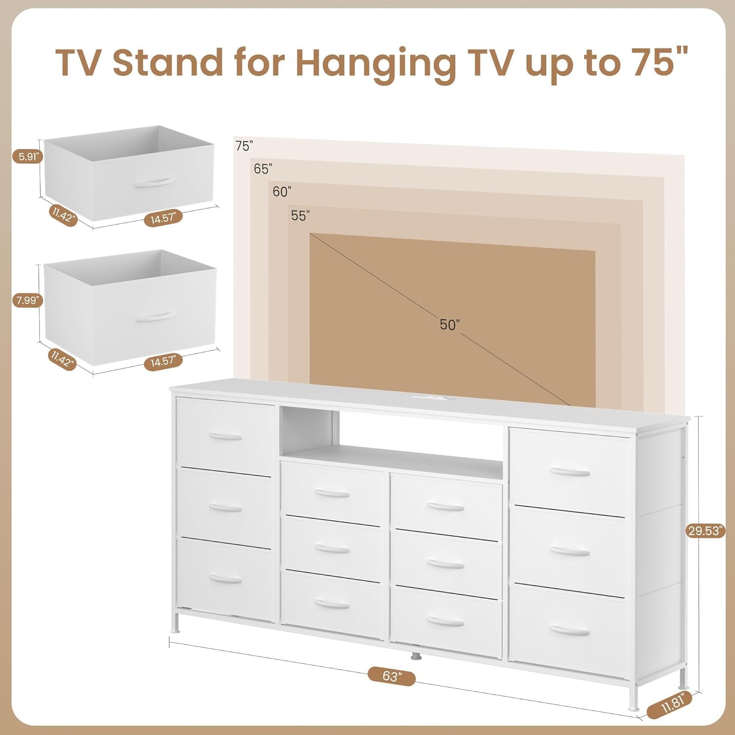 Meuble TV Garvee 63" pour téléviseurs de 65 à 75 pouces, avec 12 tiroirs, éclairage LED, revêtement en tissu, chargeur, étagères ouvertes, mobilier de salon moderne