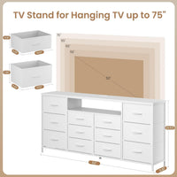 Meuble TV Garvee 63" pour téléviseurs de 65 à 75 pouces, avec 12 tiroirs, éclairage LED, revêtement en tissu, chargeur, étagères ouvertes, mobilier de salon moderne