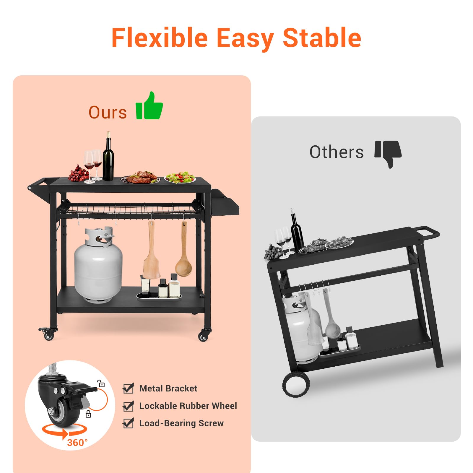 Chariot de barbecue d'extérieur Garvee avec support pour four à pizza, étagères en maille réglables, acier thermolaqué, 4 roues, jardin et camping, 105 x 50 x 81 cm, noir