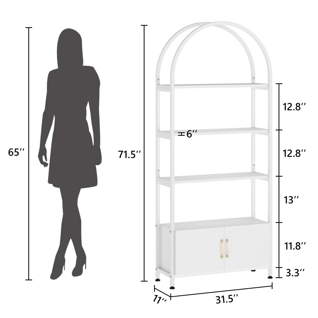 Garvee bibliothèque moderne à 4 niveaux avec portes, structure en métal, pour bureau et salon, hauteur 182 cm, blanche