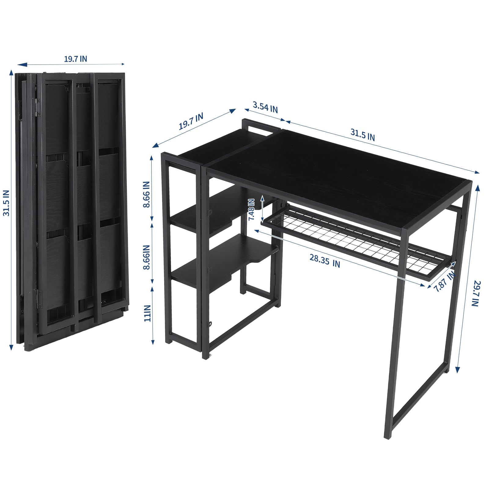 Bureau pliant Garvee 35 pouces avec étagère pour bureau et maison, gain de place, robuste, panneaux de particules P2, structure métallique, 35 x 20 pouces, noir