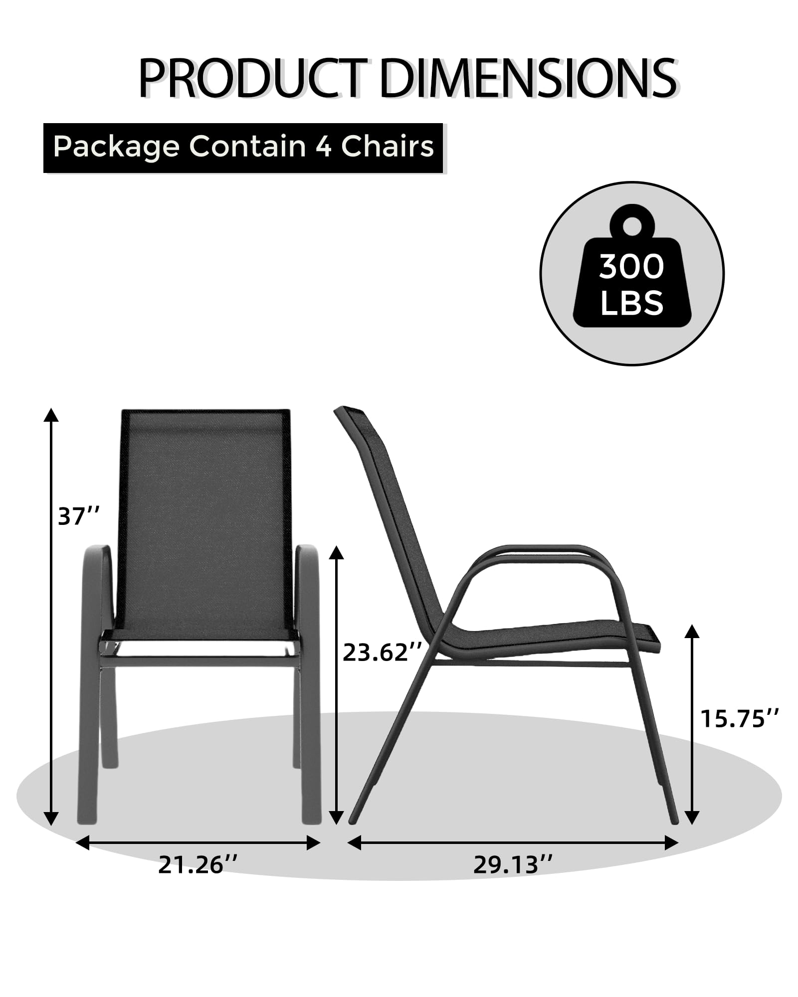 Ensemble de 4 chaises de jardin Garvee, empilables, légères, en tissu Teslin respirant, résistantes aux intempéries, noires, pour jardin et piscine, 61,5 cm (P) x 60 cm (L) x 96 cm (H)
