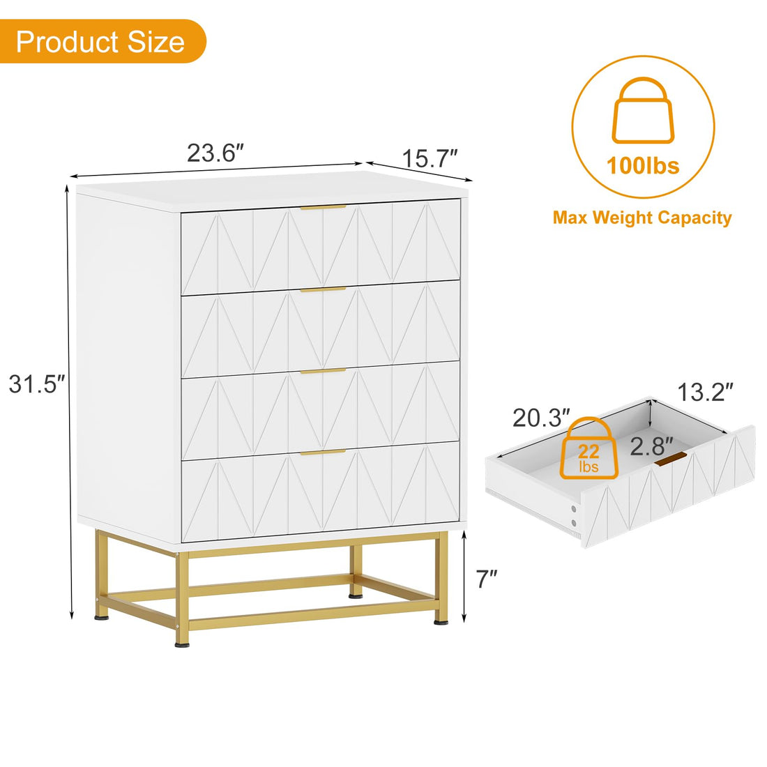 Garvee commode à 4 tiroirs avec grand espace de rangement, en MDF, pieds en métal doré, idéale pour la chambre et l'entrée, robuste et résistante aux rayures