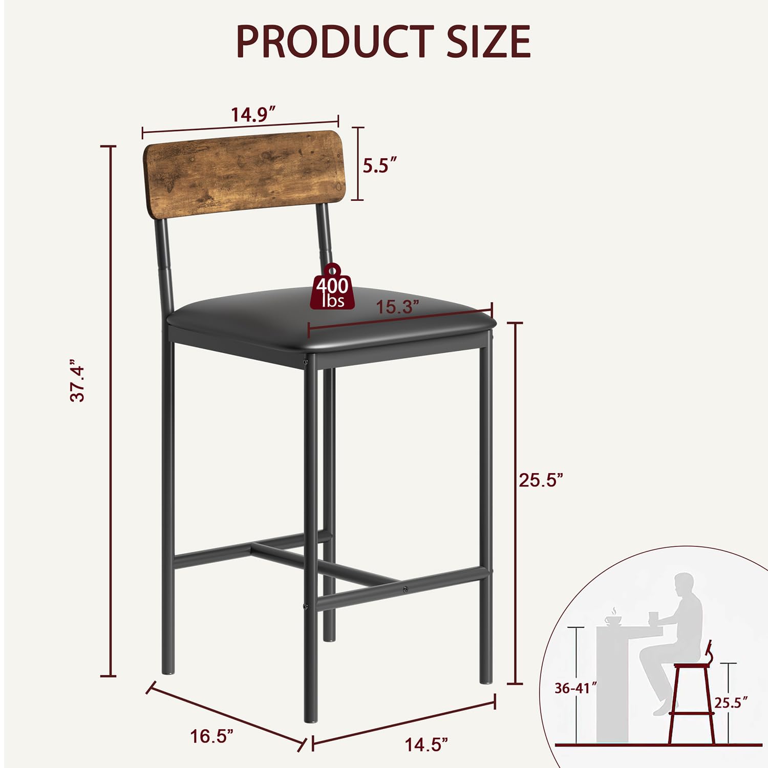 Garvee Lot de 4 tabourets de bar avec dossier rembourré et repose-pieds, style industriel. Pour cuisine, salle à manger, bureau. 37x42x95 cm. Vintage.