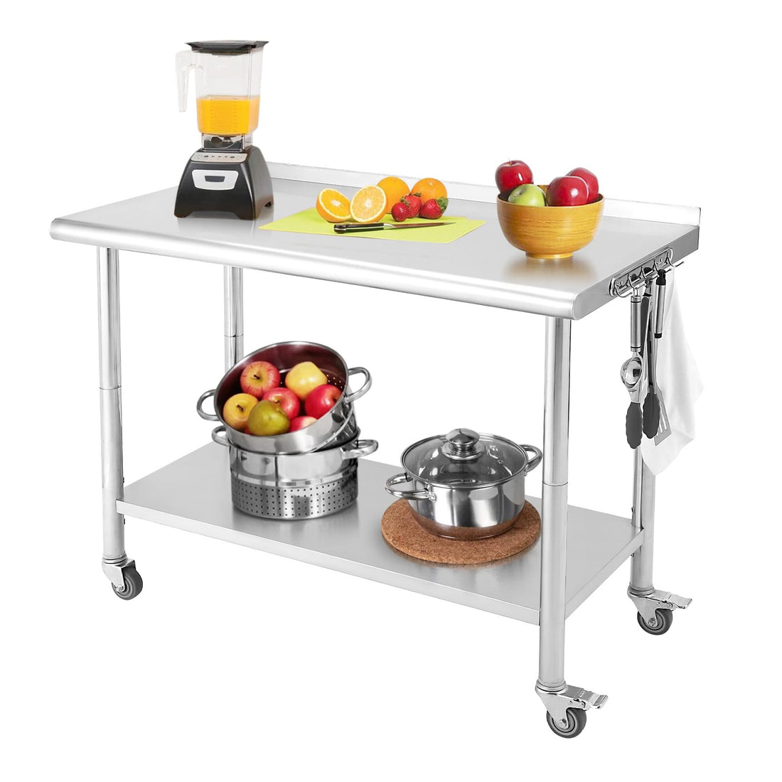 Garvee Table de préparation inox avec 5 crochets et roulettes, meuble mobile pour cuisine professionnelle