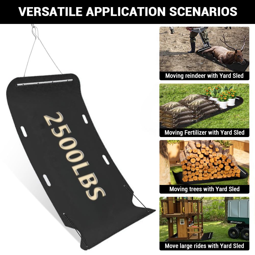 Traîneau de jardin robuste Garvee 47 x 110 po, PEHD, capacité de 2500 lb, sangle de traction, poignées d'angle, pour l'agriculture et l'entretien des pelouses, noir