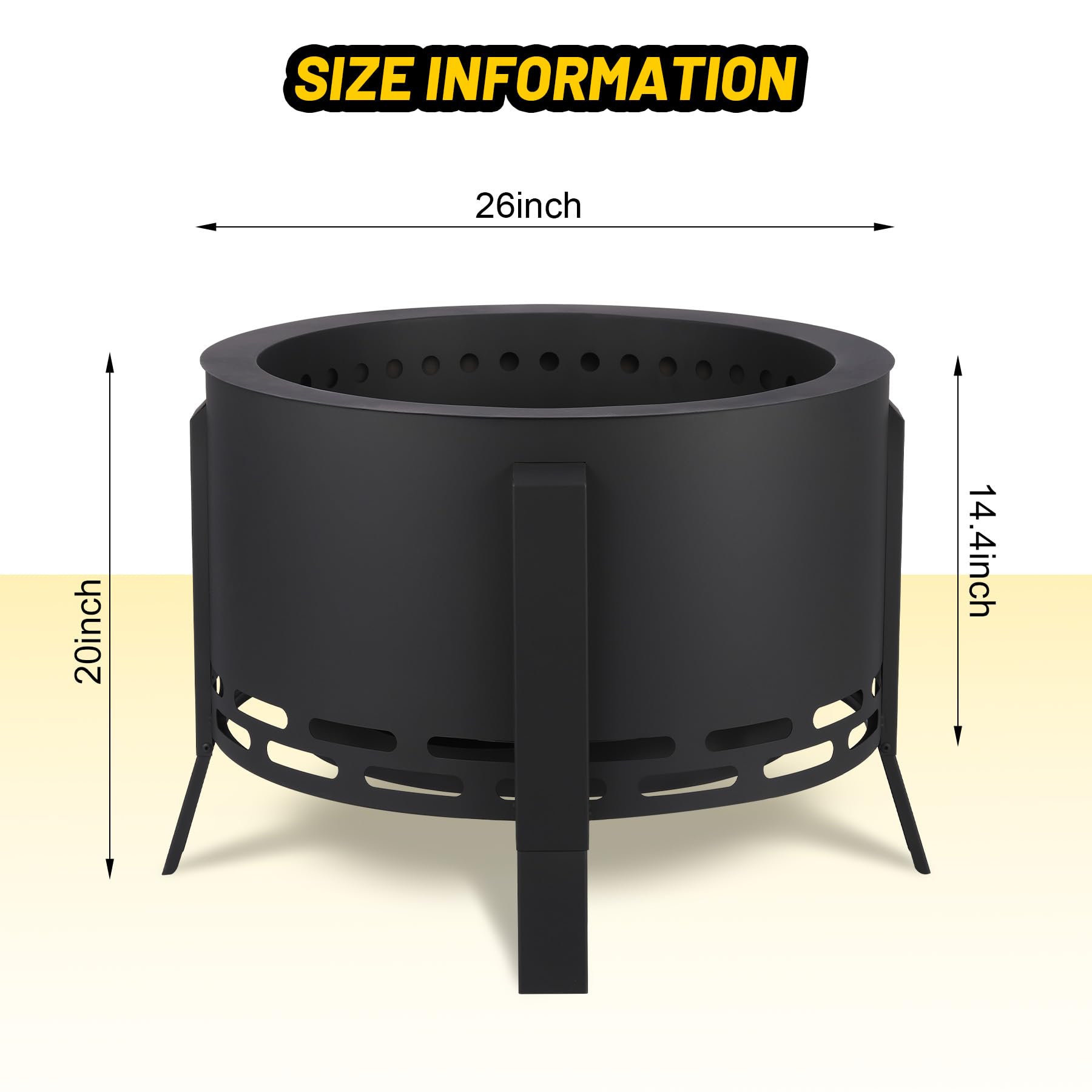 Garvee Brasero extérieur à fumée réduite 66cm, avec bac à cendres, pieds réglables et tisonnier, acier carbone noir pour barbecue et camping