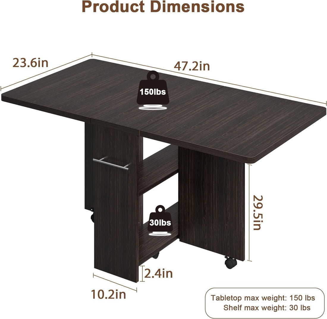 Garvee Table de salle à manger pliante avec étagères et roulettes, pour cuisine et petits espaces, 4 personnes, bois, 2 étagères