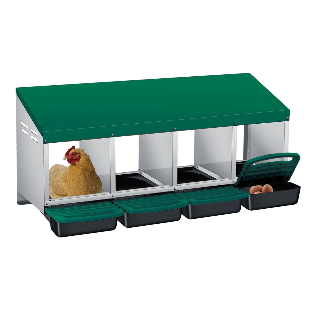 Garvee Nichoir pour Poules 4 Compartiments, Métal Galvanisé au Zinc avec Poignée en Plastique, Résistant pour Poulailler et Ferme, Vert