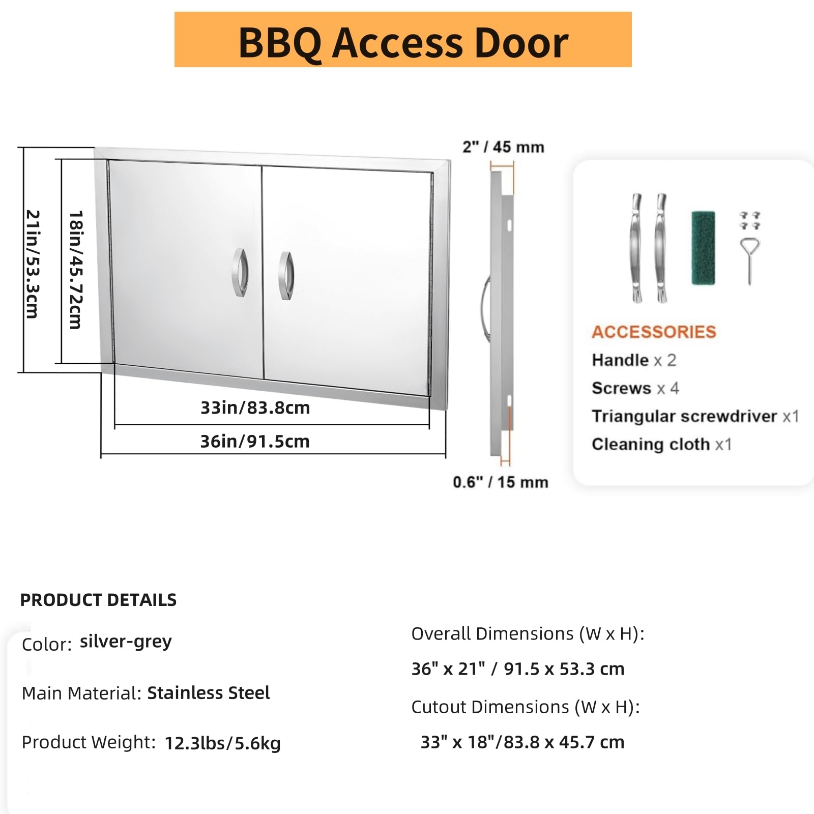 Porte d'accès pour barbecue Garvee 36 x 21 pouces, double, en acier inoxydable 304 résistant aux intempéries, pour cuisine extérieure.