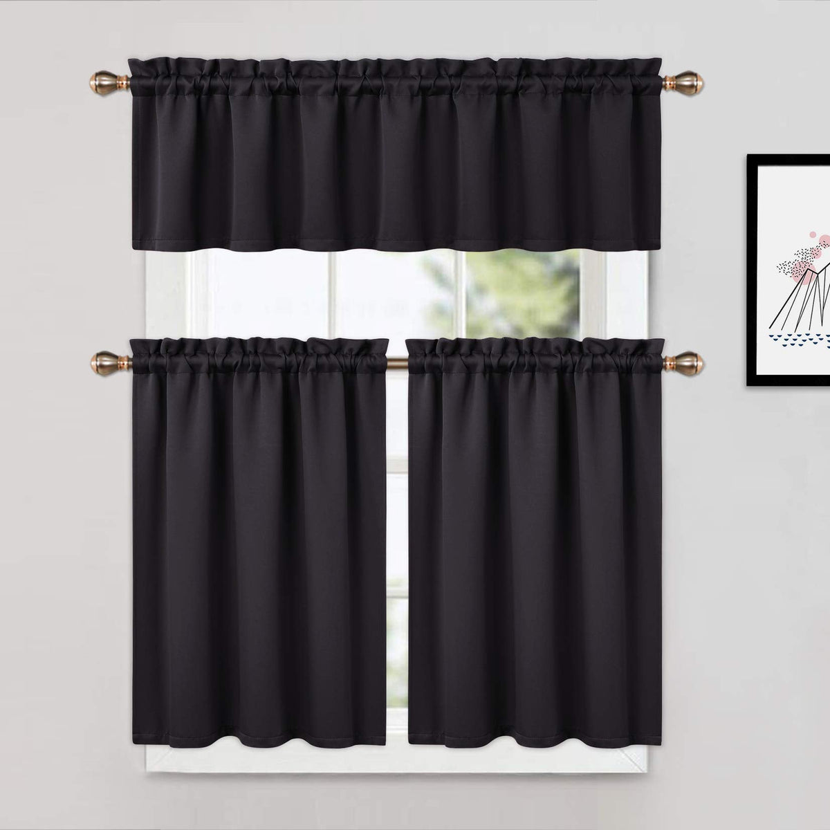 Garvee Lot de 2 cantonnières occultantes pour fenêtres, salon, cuisine, chambre, cantonnières isolantes thermiques, noires, 66 x 76 cm
