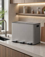 Garvee poubelle de cuisine 3 compartiments 45 L acier inoxydable fermeture douce pédale moderne antidérapante - Gris