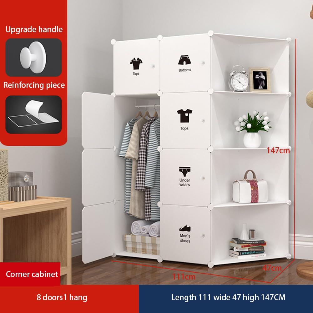 Armoire Garvee composée de 8 cubes avec portes et tringle à vêtements pour chambre à coucher, 75 x 47 x 111 cm, plastique blanc