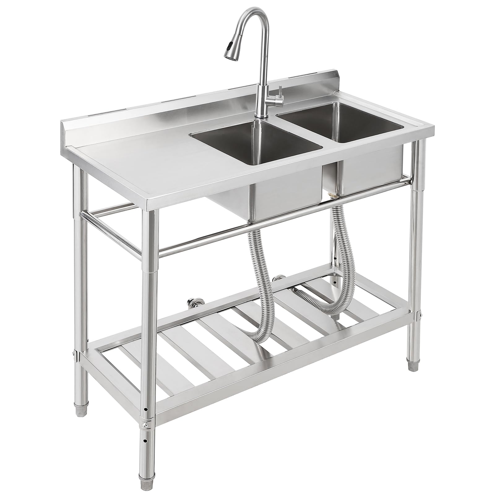 Garvee Évier commercial double bac en acier inoxydable, robinet pivotant 360°, étagères de rangement, pour cuisine et extérieur, 33 × 33 × 21 cm.