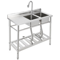 Garvee Évier commercial double bac en acier inoxydable, robinet pivotant 360°, étagères de rangement, pour cuisine et extérieur, 33 × 33 × 21 cm.