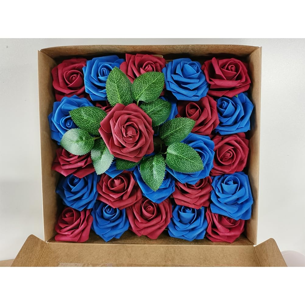 Coffret de roses artificielles Garvee avec 25 roses en savon bleues et rouges, mousse de latex, cadeau romantique pour la Saint-Valentin et la fête des mères