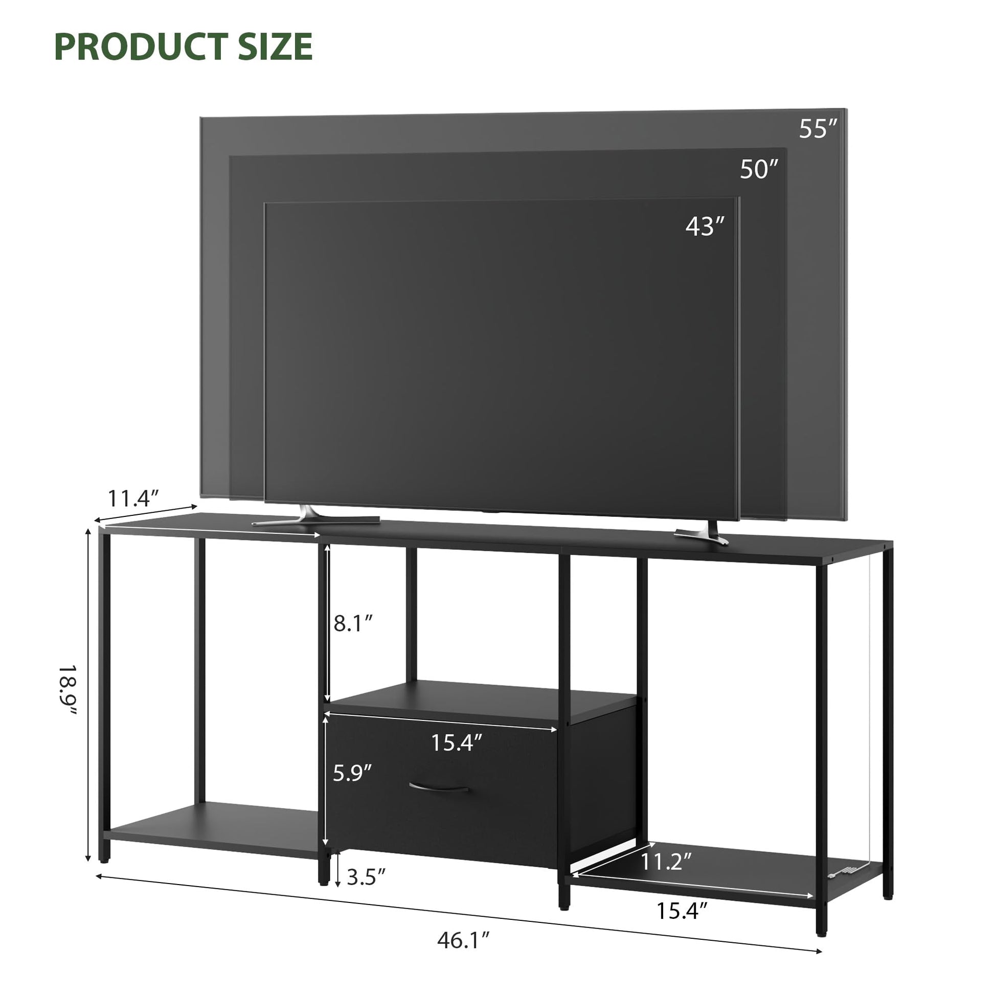 Meuble TV Garvee 55 pouces avec éclairage LED, étagère ouverte, tiroir en tissu, meuble multimédia noir pour salon et chambre