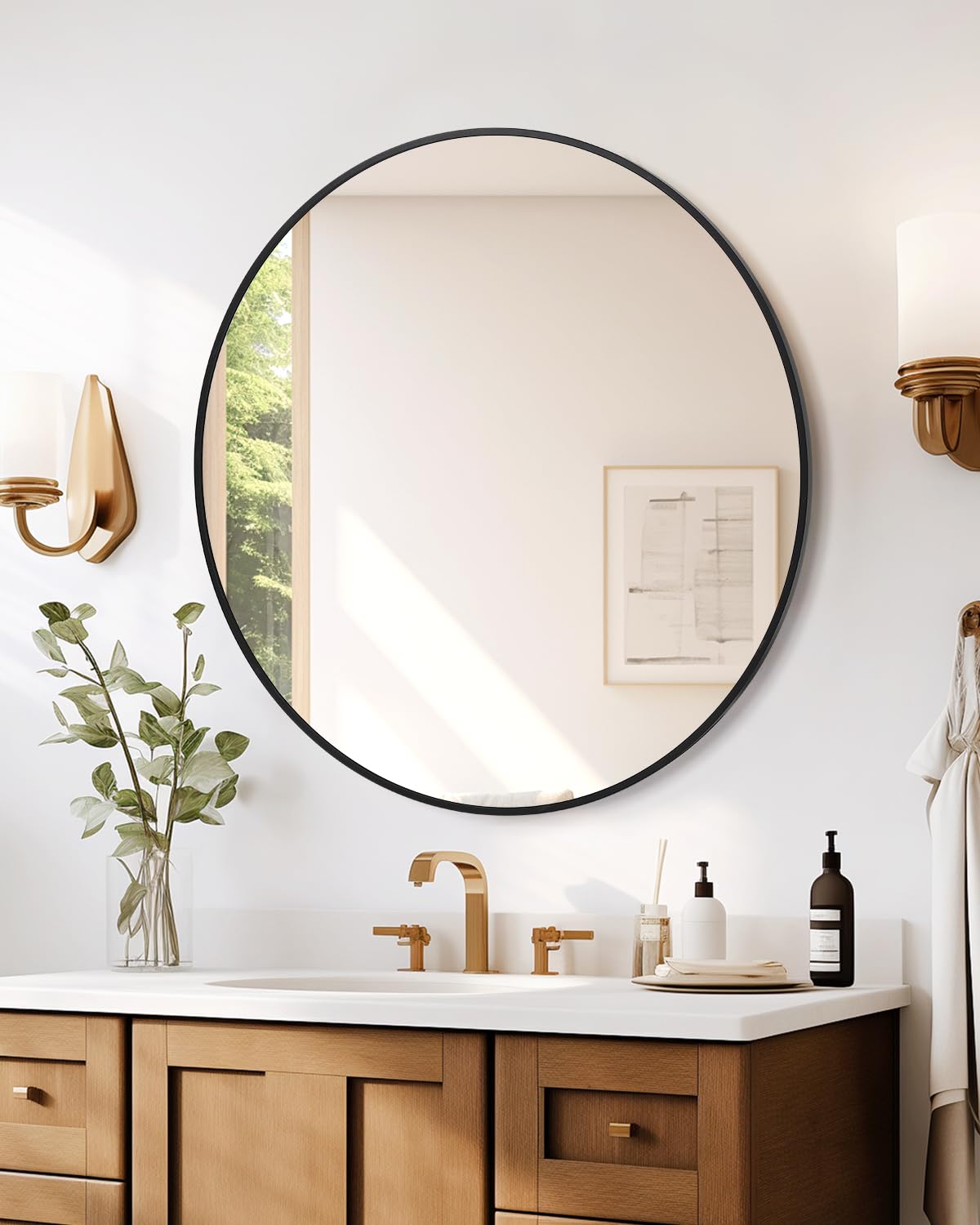 Miroir rond Garvee 32 pouces HD, cadre en métal noir mat écologique, pour salle de bain, salon ou couloir