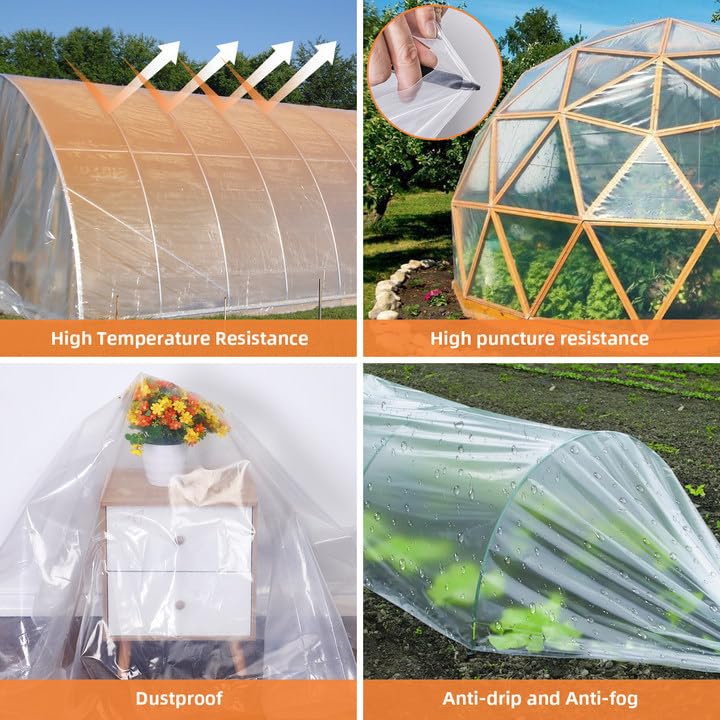 Film de serre Garvee 7,61 x 12,19 m, film en polyéthylène transparent extra épais, protection UV pour jardin et ferme