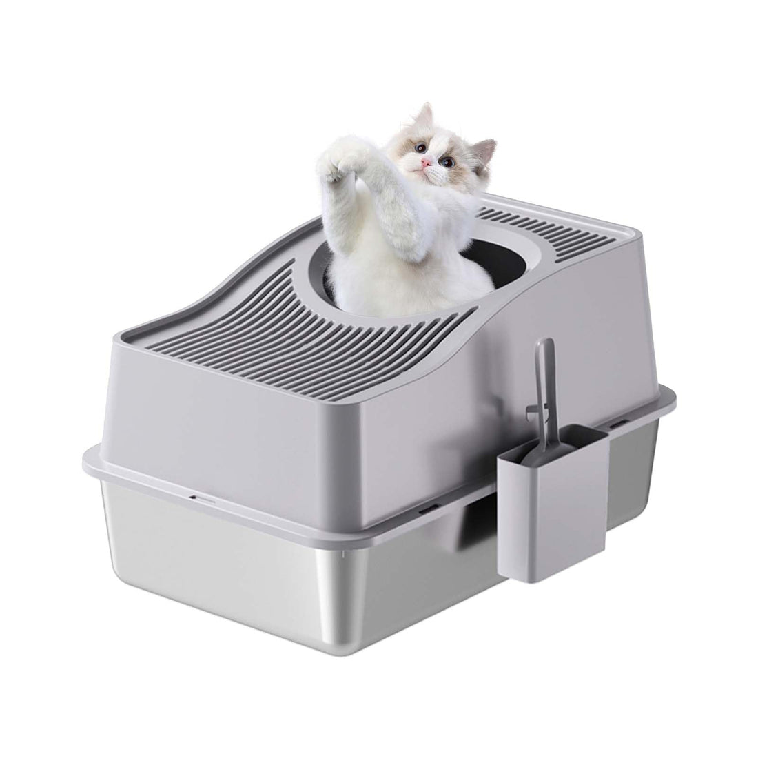 Garvee Bac à litière pour chat en acier inoxydable extra large avec contrôle des odeurs, résistant aux griffures, amovible, antidérapant