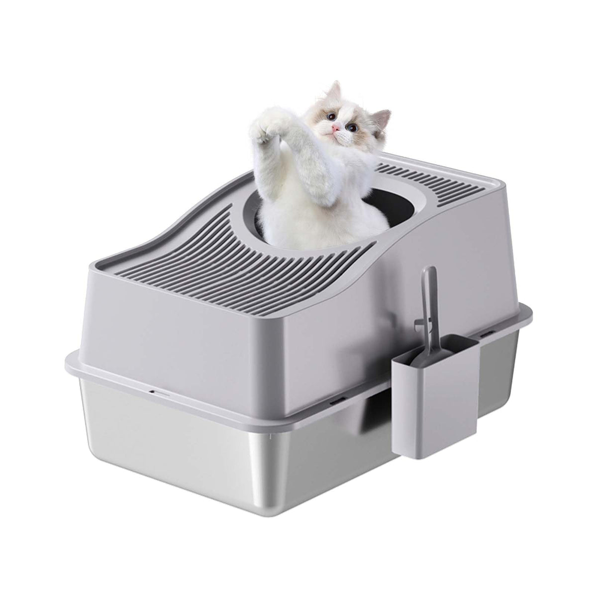 Garvee Bac à litière pour chat x L en acier inoxydable, anti-odeurs et résistant aux griffures, entrée par le haut, antidérapant intérieur/extérieur