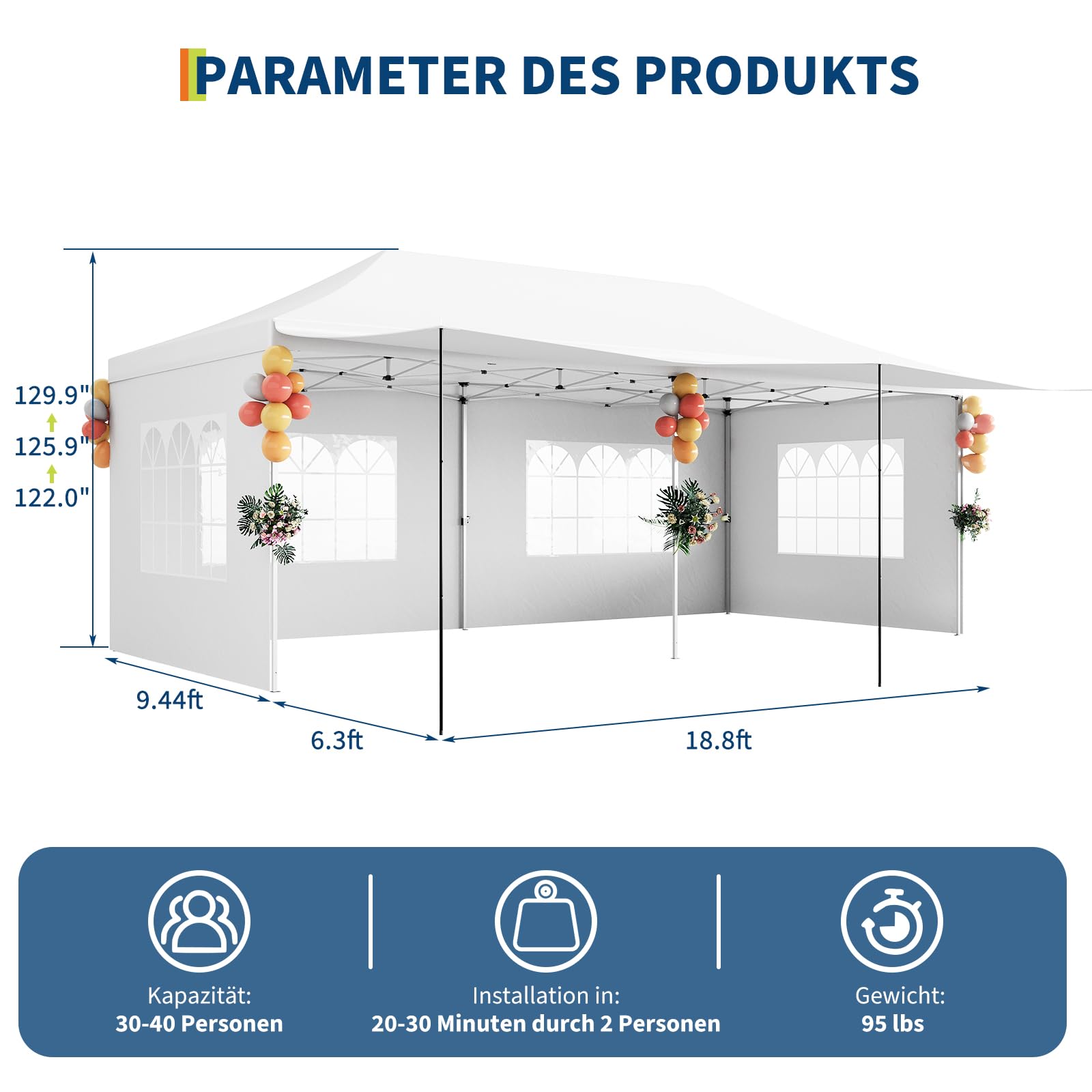 Garvee Tonnelle pliante 3x6 m avec 6 parois amovibles, Oxford 420D imperméable, hauteur réglable, stable avec sacs de sable pour fêtes et événements, bleu