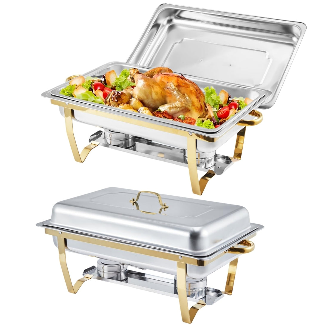 Garvee Lot de 2 chauffe-plats dorés 8 QT en acier inoxydable, 62 x 35,5 x 30,5 cm, pour buffets, traiteurs, fêtes et mariages