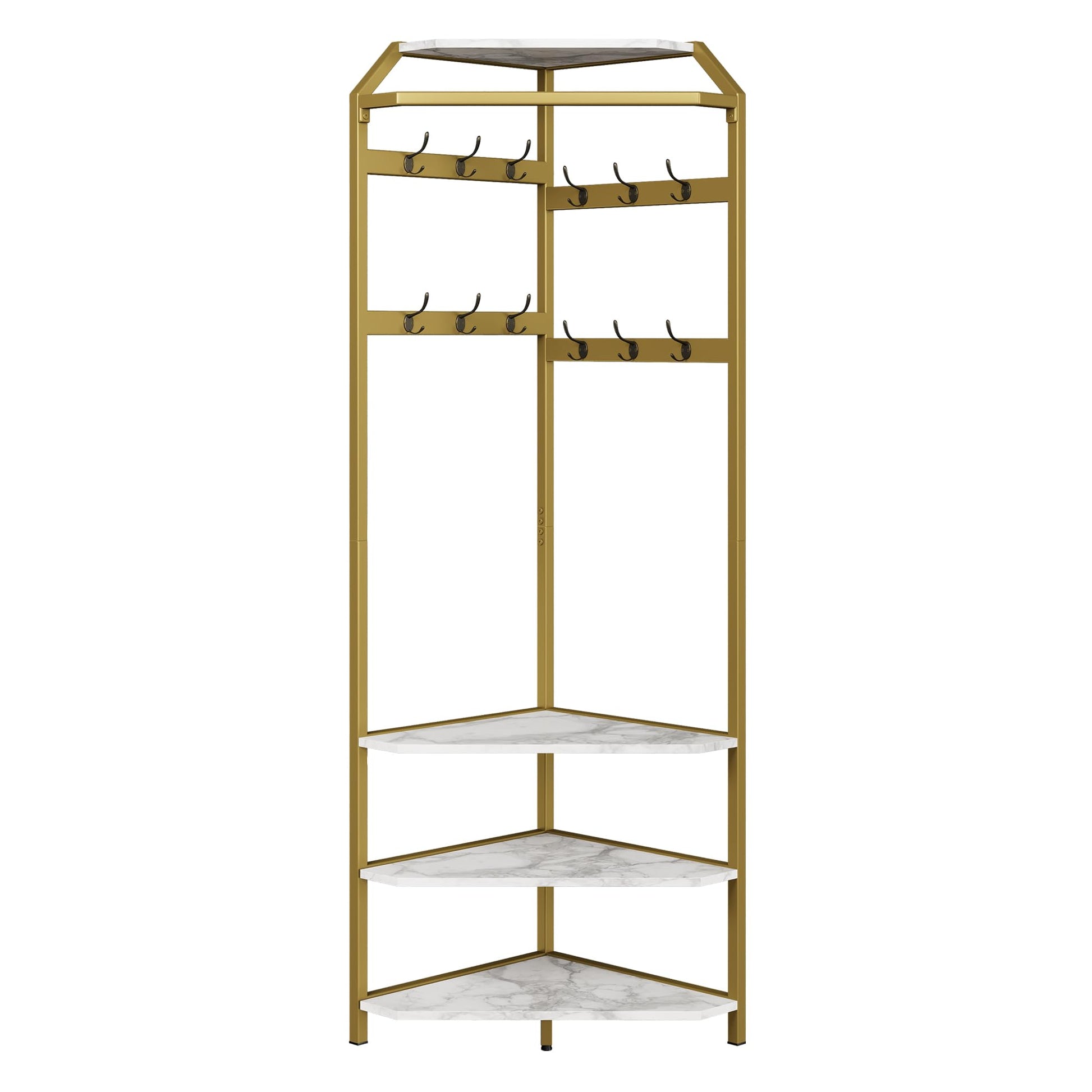 Armoire d'angle Garvee avec banc à chaussures et 6 crochets doubles, solution de rangement 3 en 1 pour entrée et couloir, 51 x 51 x 180 cm, doré 02, gain de place