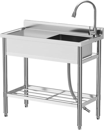 Garvee Évier Professionnel sur Pied en Inox 99 x 50 x 96cm avec Robinet Extractible et Étagère, pour Cuisine Commerciale et Extérieur, Argenté