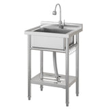 Garvee Évier utilitaire indépendant 58 x 48 x 90 cm en inox 304, cuve simple avec robinet pivotant 360°, étagère et accessoires pour cuisine, buanderie et extérieur - Argenté