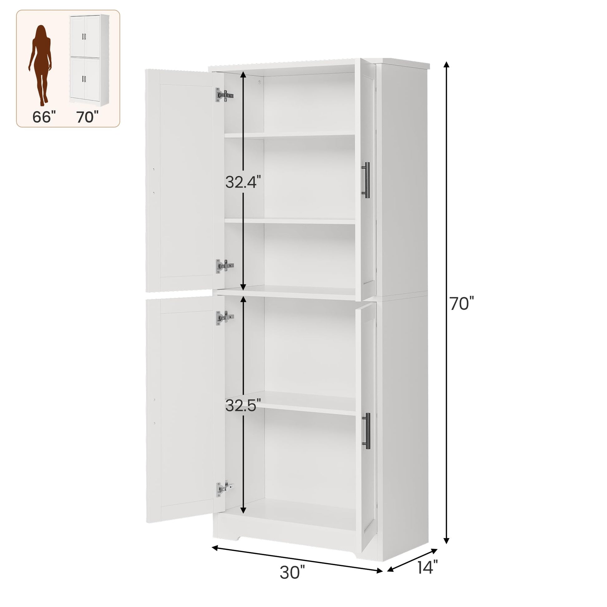 Armoire de cuisine Garvee de 178 cm de haut avec 4 portes et étagères réglables, en bois blanc, pour salle à manger, salle de bain, salon