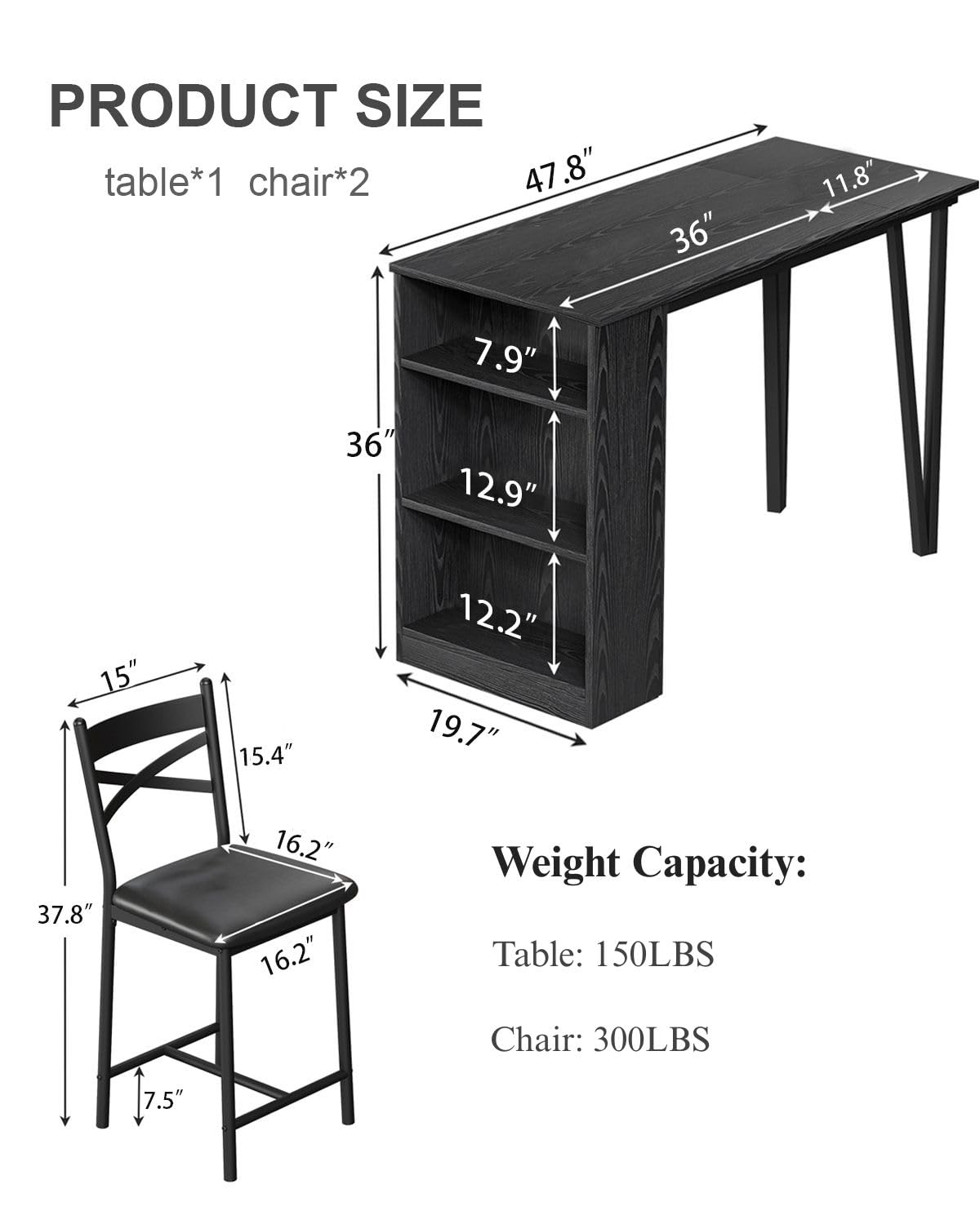 Ensemble table de bar extensible Garvee pour 2 à 4 personnes, coussins de 40 cm de large, MDF durable, espace de rangement, noir, idéal pour les petits appartements