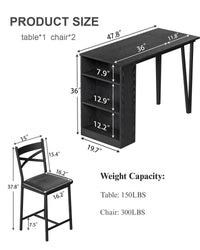 Ensemble table de bar extensible Garvee pour 2 à 4 personnes, coussins de 40 cm de large, MDF durable, espace de rangement, noir, idéal pour les petits appartements