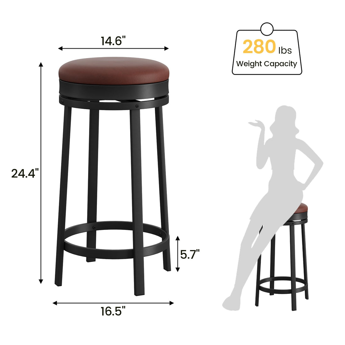 Garvee Lot de 4 Tabourets de Bar Pivotants 61cm, Similicuir Marron, Structure Métal avec Dossier et Repose-Pieds, pour Îlot de Cuisine et Bar