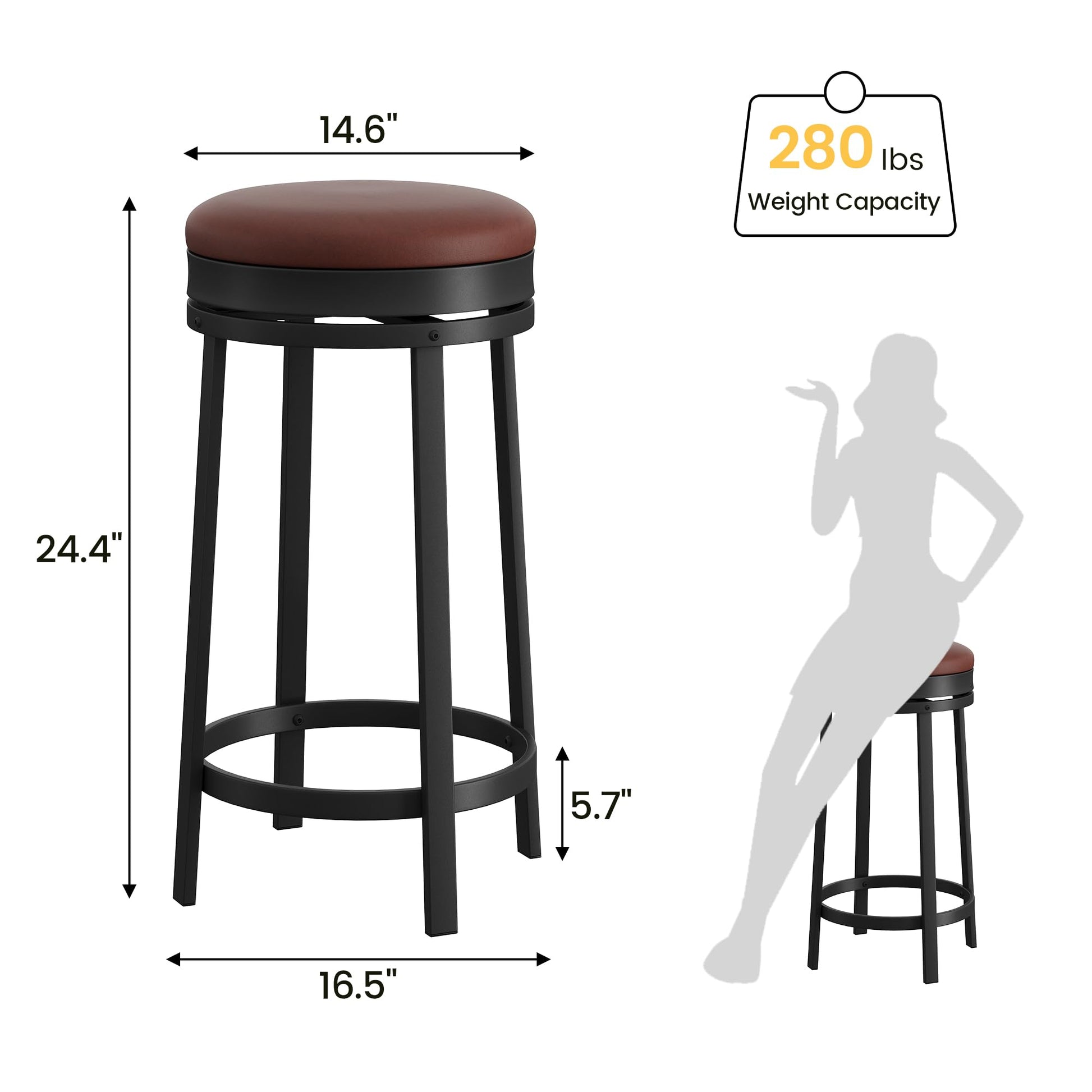 Ensemble de 4 tabourets de bar pivotants Garvee 61 cm (24 po) - Revêtement en similicuir, structure en métal, repose-pieds, dossier - Idéal pour îlot de cuisine, bar ou café - Marron