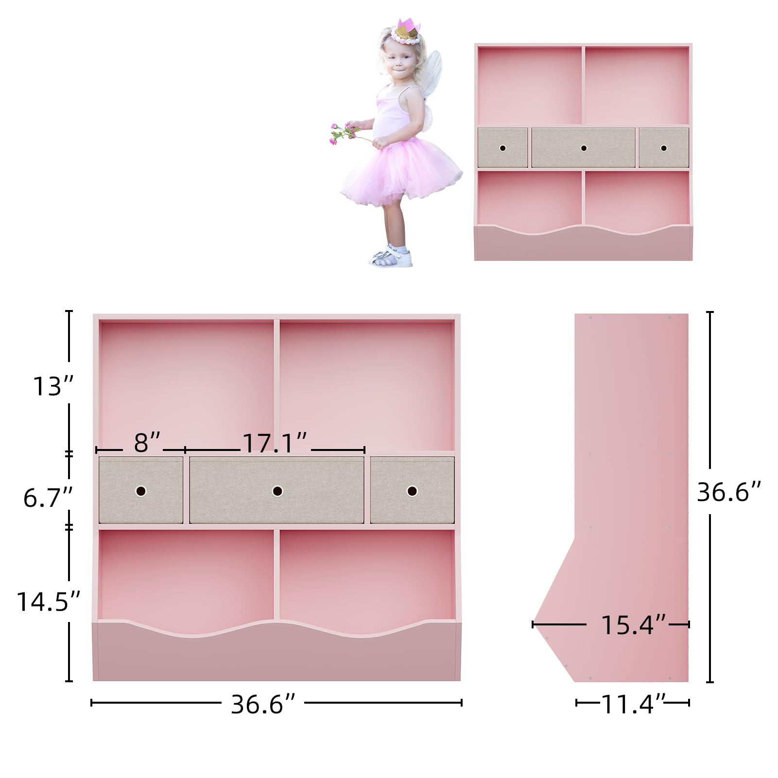Organisateur de jouets pour enfants Garvee à 7 compartiments et 3 tiroirs, idéal pour la salle de jeux et le couloir, en bois rose, robuste et écologique.