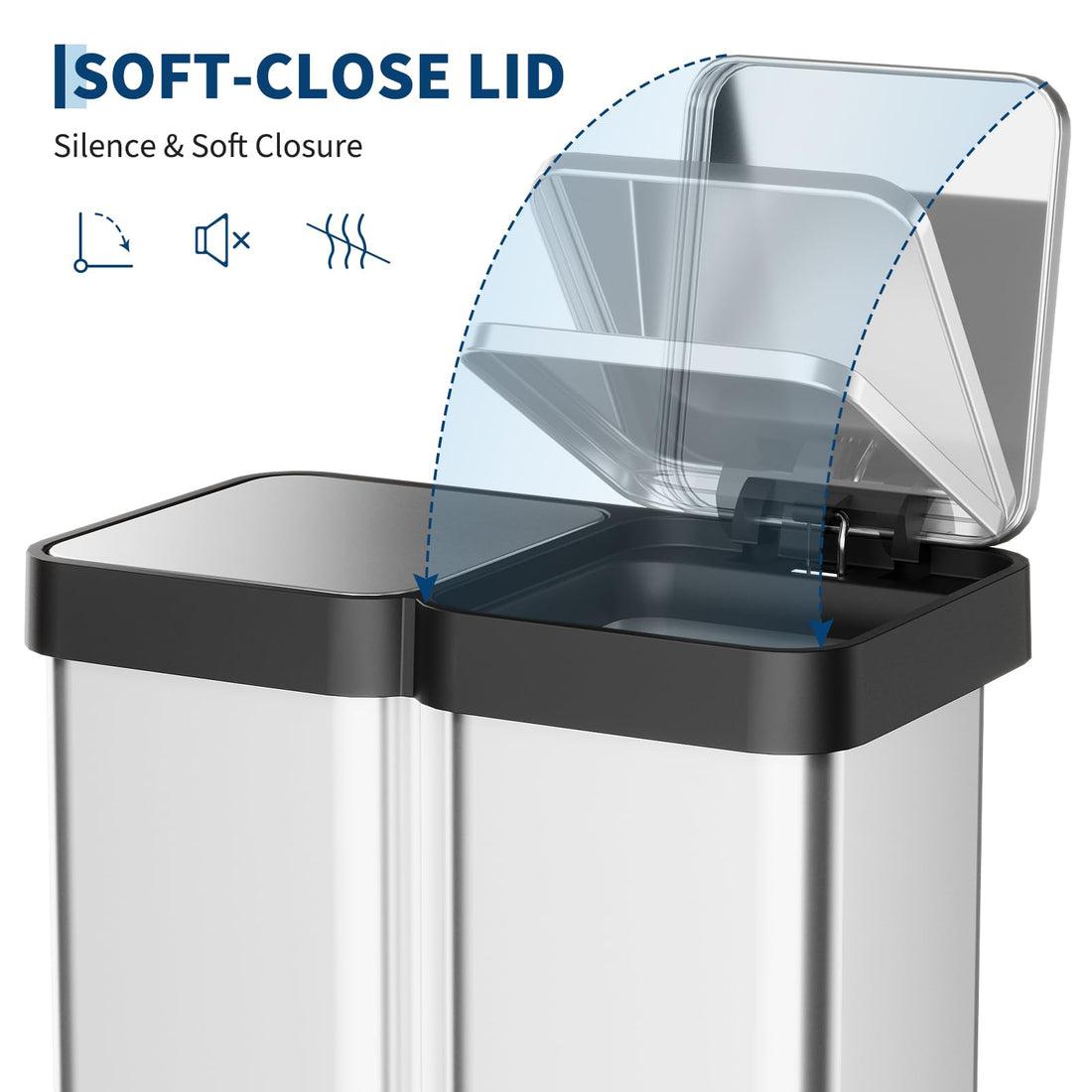 Poubelle Garvee 16 gallons à double compartiment pour déchets et recyclage, avec couvercle à fermeture douce et pédale en acier inoxydable. Idéale pour la cuisine et le bureau, elle permet un gain de place et ne nécessite pas de seau intérieur.