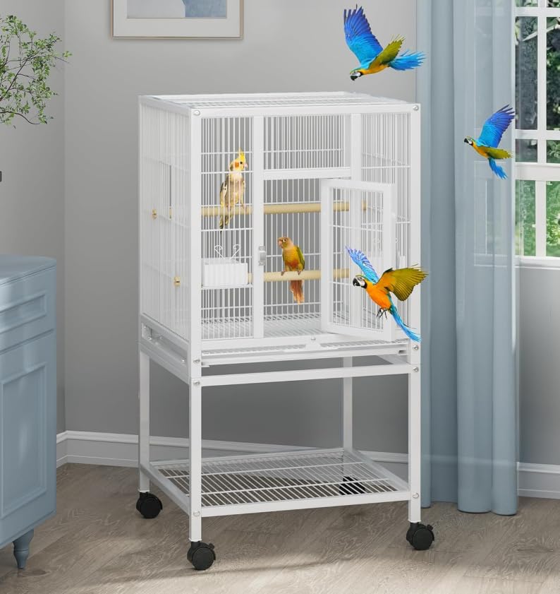Cage à oiseaux en métal Garvee de 104 cm (41 pouces) pour perruches ondulées, avec perchoirs en bois et support à roulettes, blanche, pour la maison